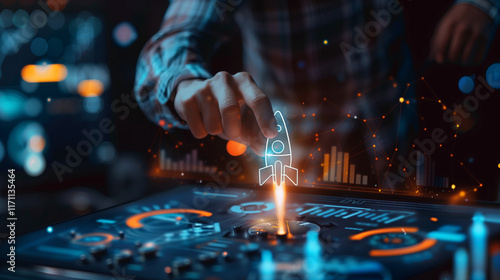 Startup business and investment concept. Businessman is touching the growing business graph. Planning and starting corporate business start up, Rocket icon soars with speed to hit the growth target. 