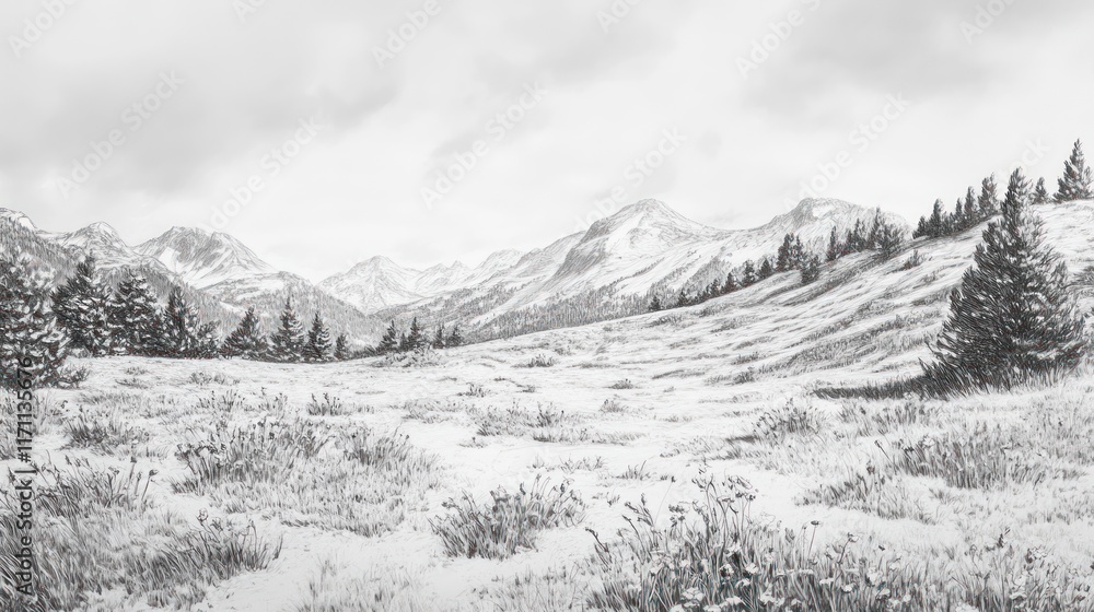 Obraz premium Snowy Mountain Landscape With Winter Trees and Grass