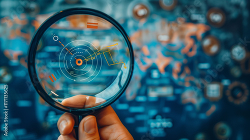 The 2025 New Year business goals concept. Hand holding a magnifying glass highlighting year 2025 with a target icon, representing focus on business goals and objectives for the future. Marketing trend