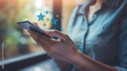 User give rating to service excellent experience on mobile phone application, Client evaluate quality of service reputation ranking of business. Customer review satisfaction feedback survey concept. -