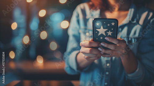 User give rating to service excellent experience on mobile phone application, Client evaluate quality of service reputation ranking of business. Customer review satisfaction feedback survey concept. -