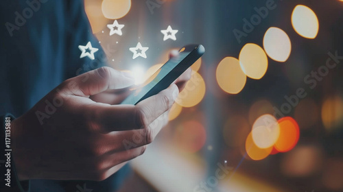 User give rating to service excellent experience on mobile phone application, Client evaluate quality of service reputation ranking of business. Customer review satisfaction feedback survey concept. -