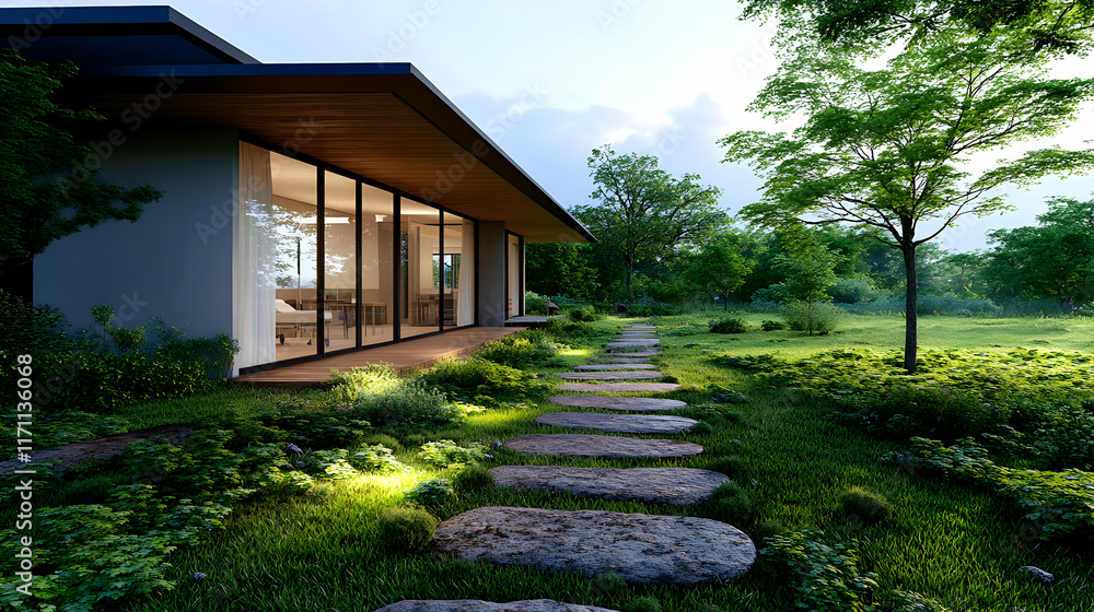 Obraz premium Modern house, dusk lighting, garden path, green landscape, peaceful retreat, architectural design, stock photo