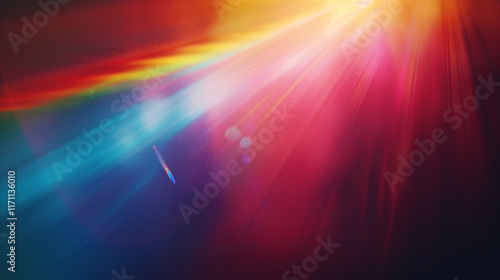 Vibrant colorful light leaks on dark blurred background. Modern design, ethereal theme, abstract visual. Retro film lens flare bokeh analog vintage photo overlay or screen filter effect
