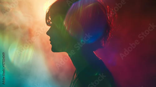 Vibrant colorful light leaks on dark blurred background. Modern design, ethereal theme, abstract visual. Retro film lens flare bokeh analog vintage photo overlay or screen filter effect