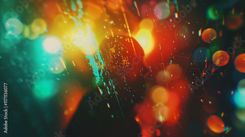 Vibrant colorful light leaks on dark blurred background. Modern design, ethereal theme, abstract visual. Retro film lens flare bokeh analog vintage photo overlay or screen filter effect