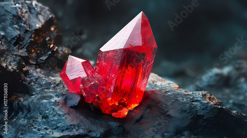 Red cinnabar crystal on dark rock. Cinnabar. Illustration