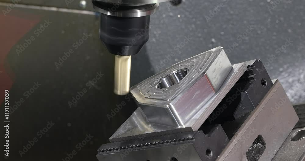 A CNC turning drill milling factory processes a piece o steel during a demonstration. Metal machine tools industry.Selective focus. A CNC turning drill milling factory processes a piece o steel during a demonstration. Metal machine tools industry.Selective focus.