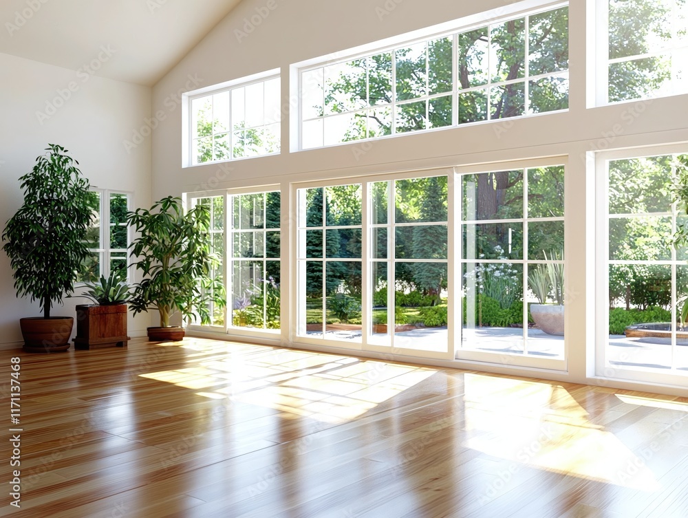 Fototapeta premium Bright and Airy Living Room with Large Windows and Indoor Plants Overlooking a Green Garden