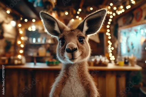A hyper-realistic close-up of a kangaroo face, showing every detail of its fur, whiskers, and soulful eyes, with a soft-focus background