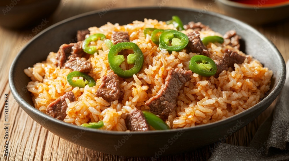A rustic setting featuring a bowl of beef rice with sliced jalapeos and a side of soy sauce, highlighting the dish's spicy and savory flavors. A rustic setting featuring a bowl of beef rice with sliced jalapeos and a side of soy sauce, highlighting the dish's spicy and savory flavors.
