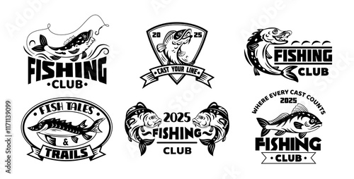 Logo fishing. Icon water business design. Animal sea stamp, fish black sticker. Graphic silhouette, ocean sign, badge tattoo, underwater symbol, fisherman emblem or label. Vector tidy illustration