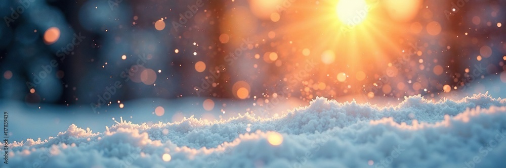 Warm sunshine illuminates snowflakes gently falling on a serene landscape, soft light, calmness, winter wonderland Warm sunshine illuminates snowflakes gently falling on a serene landscape, soft light, calmness, winter wonderland