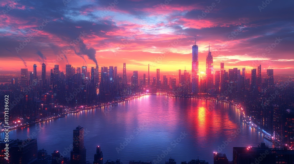 Fototapeta premium Vibrant sunset over a futuristic city skyline reflected in calm water.
