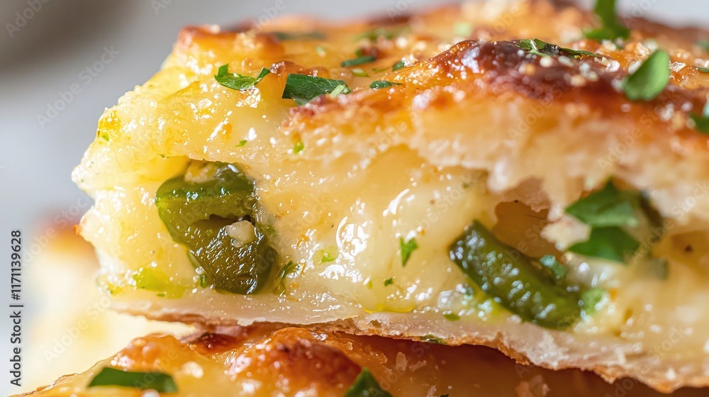 Close-Up of Delicious Cheesy Bread with Green Pepper and Fresh Herbs on a White Background Close-Up of Delicious Cheesy Bread with Green Pepper and Fresh Herbs on a White Background