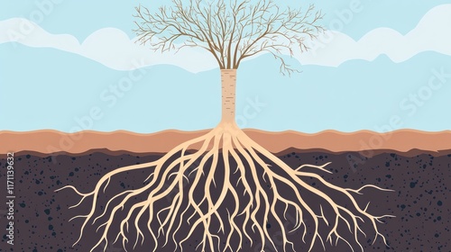 Tree Roots System Deep Below Ground, Illustration of Bare Tree with Extensive Root Network photo