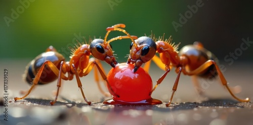Hungry ants devour lollipop with voracious speed, sticky syrup coating their armored bodies, insect appetite, lollipop destruction