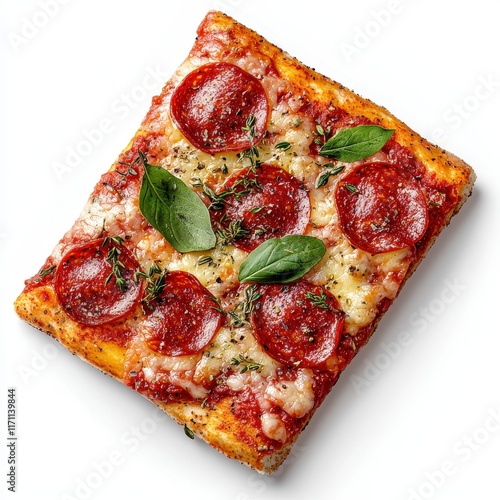 Square Pepperoni Pizza with Basil and Cheese - Crispy Oven-Baked Italian Dish Topped with Fresh Herbs and Mozzarella for a Delicious Gourmet Meal