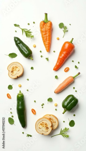 Wallpaper Mural Colorful Veggies and Bread Flat Lay on White Background Torontodigital.ca