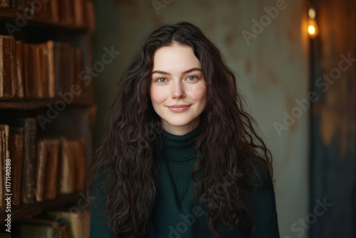 Free Download Young caucasian female in library holding small box with books in background - GFXLoad