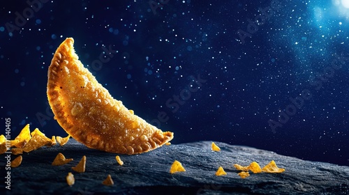 Golden Crispy Empanada on Dark Stone Surface with Sparkling Blue Stars in Background