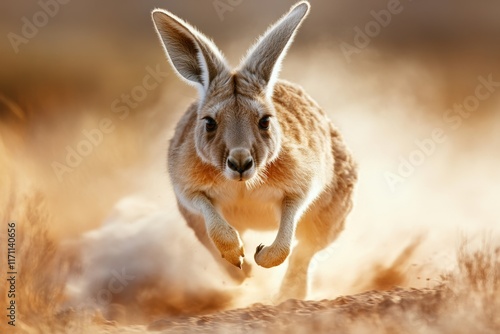 A kangaroo mid-leap across a dusty trail, with motion blur capturing the power of its jump photo