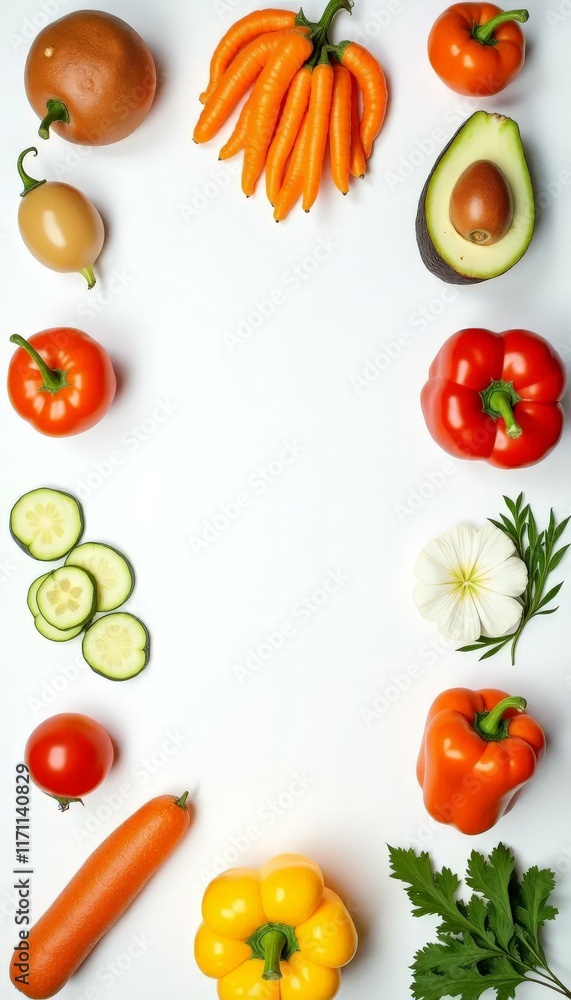 Fresh Produce Flat Lay, Colorful Veggies and Avocado on White Fresh Produce Flat Lay, Colorful Veggies and Avocado on White
