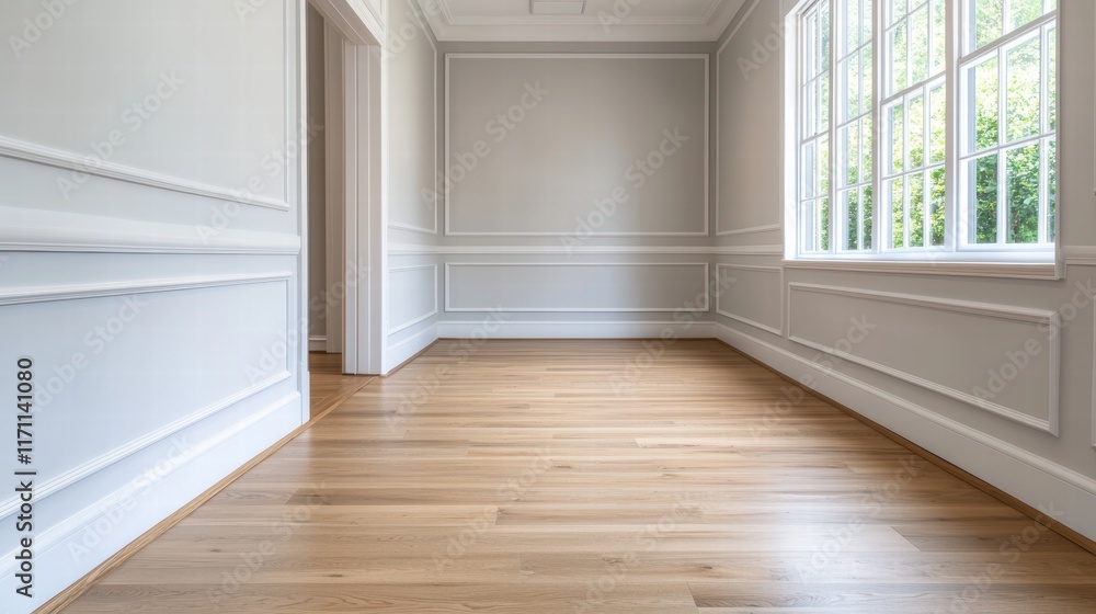 Fototapeta premium Empty room with light wooden floor and white wainscoting showcasing elegant simplicity