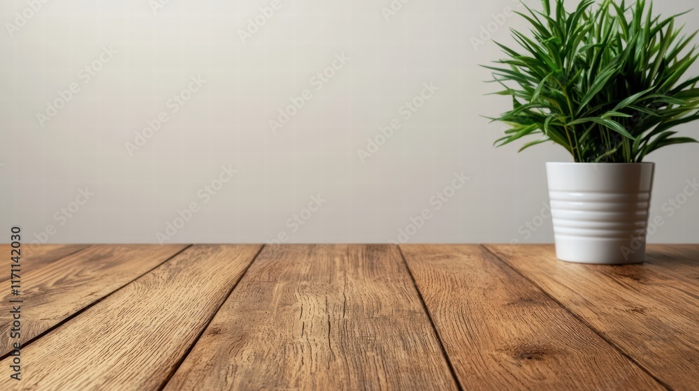 Empty wooden desk with potted plant suggesting a relaxing and professional workspace Empty wooden desk with potted plant suggesting a relaxing and professional workspace