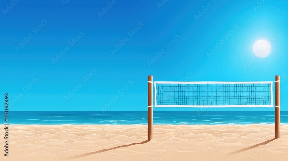 Sunny Beach Volleyball Court with Net and Blue Sky Background Sunny Beach Volleyball Court with Net and Blue Sky Background