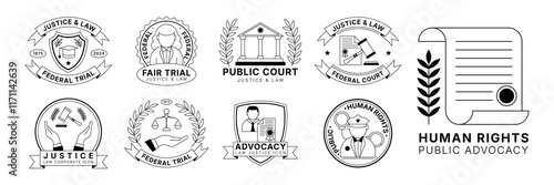 Police office badge. Law and justice logo. Lawyer service. Courthouse sticker. Judgement shield tag. Enforcement code penal. Court jury stamp. Advocacy sign. Vector design garish judicial labels set