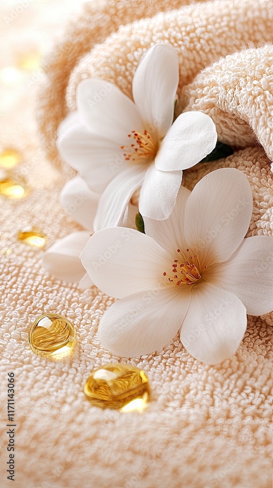 Luxurious Spa Environments Merging Health and Aesthetics, a macro photography close-up of a soft towel with spa essentials like flowers and oil droplets, with intricate textures highlighted. Luxurious Spa Environments Merging Health and Aesthetics, a macro photography close-up of a soft towel with spa essentials like flowers and oil droplets, with intricate textures highlighted.