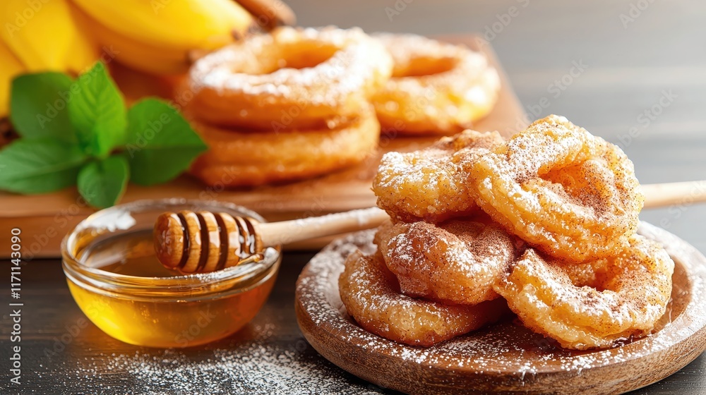 Delicious Golden Fried Banana Rings with Honey and Fresh Mint Leaves on a Wooden Table Delicious Golden Fried Banana Rings with Honey and Fresh Mint Leaves on a Wooden Table