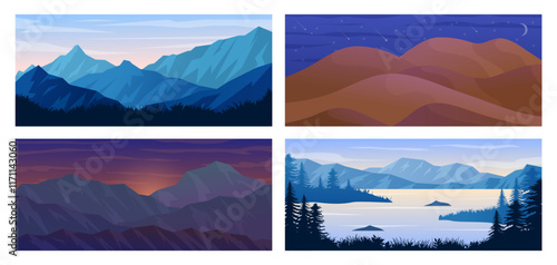 Nature landscape. Mountain sunset. Sky horizon background. Night stars. Rock valley lake. Hiking travel. Adventure outdoor. Cartoon wallpaper graphic design. Scenery cards set. Vector web garish art