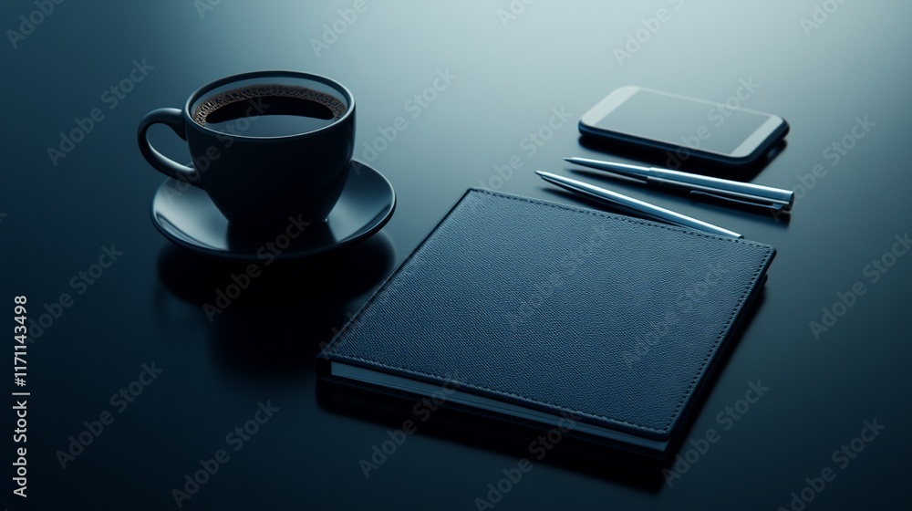 Coffee, phone, pens, and notebook on dark desk, work from home Coffee, phone, pens, and notebook on dark desk, work from home