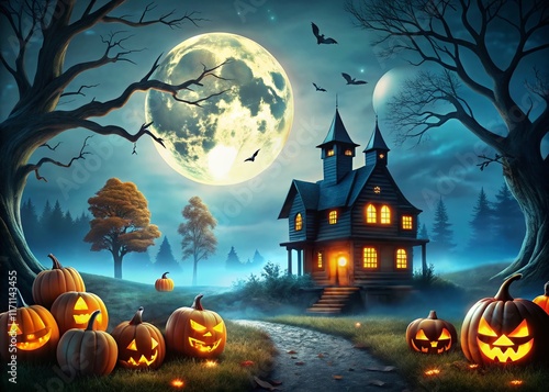 Spooky Halloween Night: Creepy House, Pumpkins, and Moonlit Trees - Perfect Horror Wallpaper photo