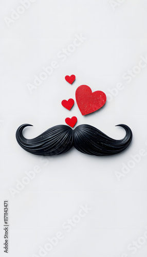 Black mustache with love hearts. Father's day or mens health concept, vibrant, with white tones