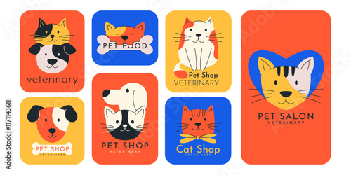 Logo pet. Cat, dog sign. Heart accompany animal. Symbol veterinary and shop, house fosterling. Clinic vet logotype, shelter adoption. Label design. Vector icon garish brand cartoon flat illustration