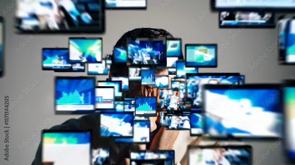 Man overwhelmed by chaotic digital screens displaying fast-changing news, reflecting anxiety and stress Man overwhelmed by chaotic digital screens displaying fast-changing news, reflecting anxiety and stress