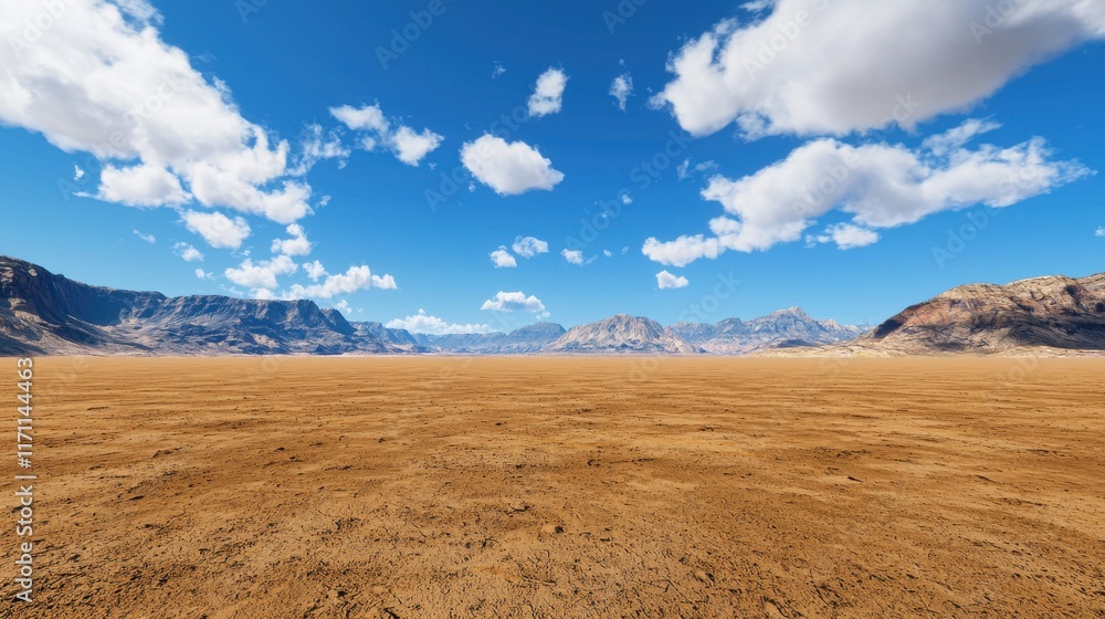 Fototapeta premium Vast Desert Landscape with Dramatic Mountainous Horizon under Cloudy Blue Sky