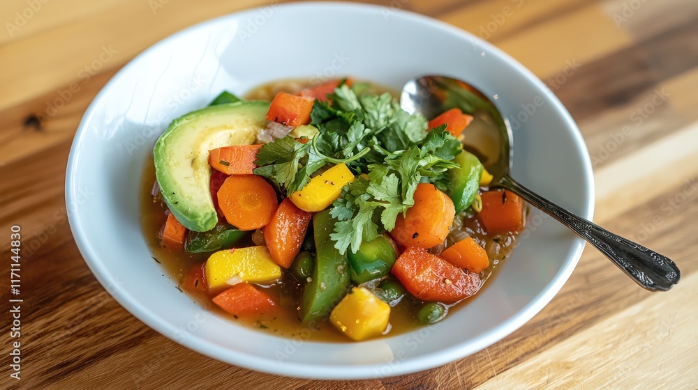 Fresh Vegetable Soup with Avocado and Herbs in a White Bowl on a Wooden Table Fresh Vegetable Soup with Avocado and Herbs in a White Bowl on a Wooden Table