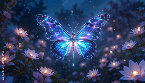 Glowing butterfly in magical night garden.
