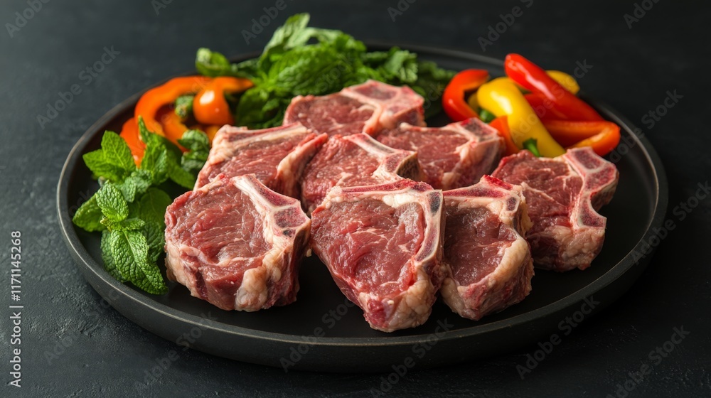 A selection of fresh lamb chops displayed on a dark plate, garnished with fresh mint and a side of colorful peppers for an appetizing presentation. A selection of fresh lamb chops displayed on a dark plate, garnished with fresh mint and a side of colorful peppers for an appetizing presentation.