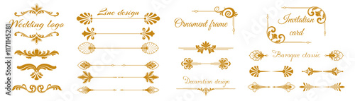 Ornament frame. Decoration floral classic design, wedding logo isolated golden element. Border collection, line royal corners. Motif gold, Baroque style. Curl graphics, divider. Vector calligraphy