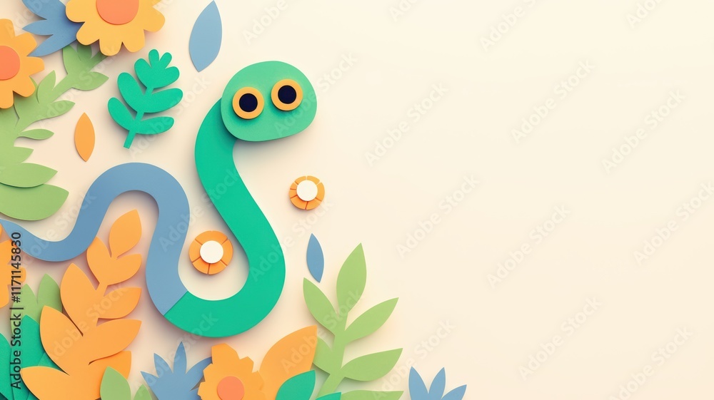 Naklejka premium Colorful paper snake surrounded by vibrant floral elements on a soft background.