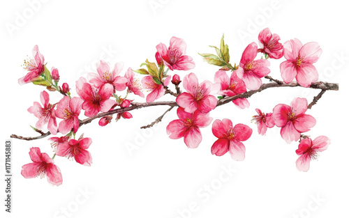 A branch of pink cherry blossoms against a white background