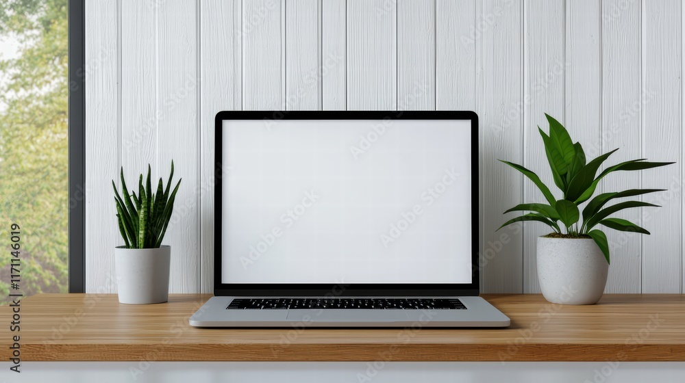 Laptop with blank screen sitting on wooden desk in modern office Laptop with blank screen sitting on wooden desk in modern office