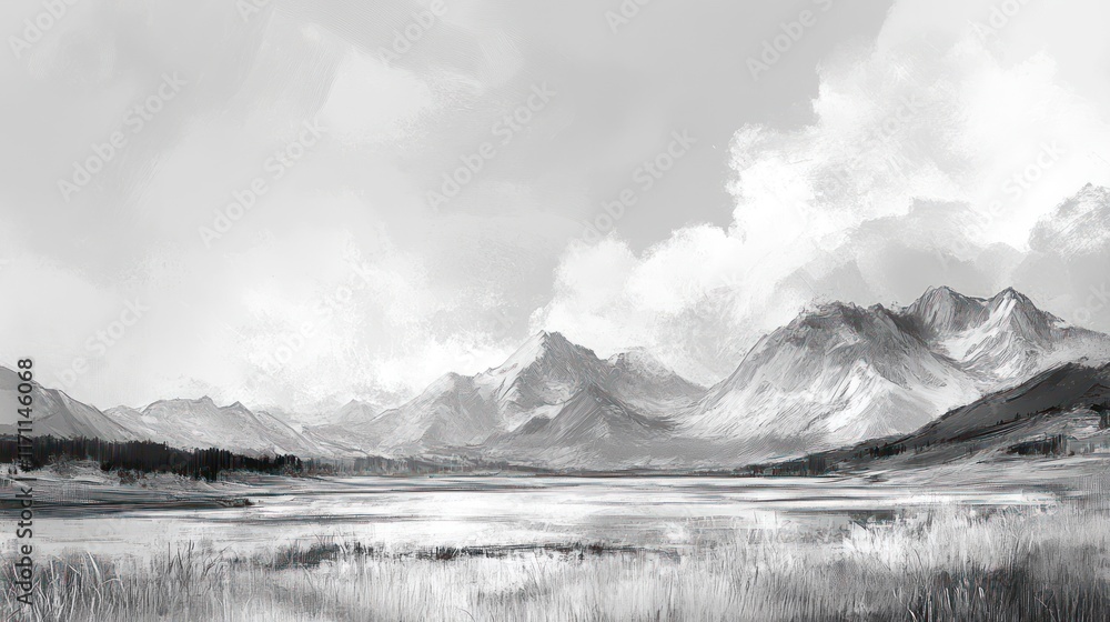 Serene Monochromatic Mountain Lake Landscape Serene Monochromatic Mountain Lake Landscape