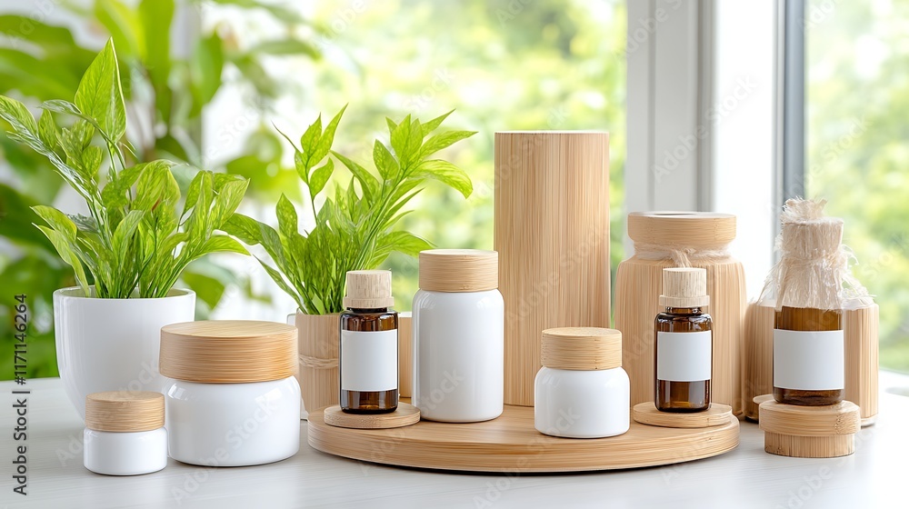 Natural Cosmetics Display Bamboo White Jars Bottles Plants Natural Cosmetics Display Bamboo White Jars Bottles Plants