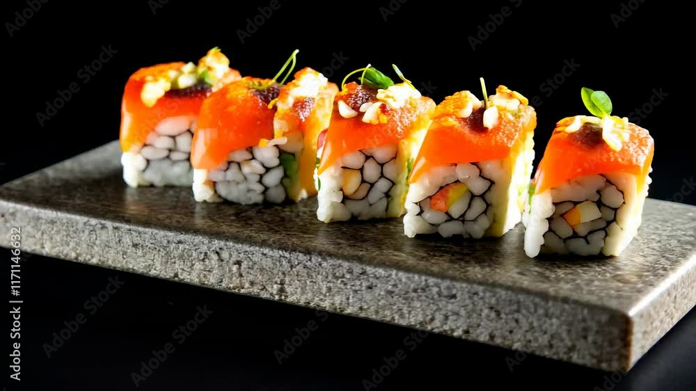 Delicious sushi rolls prepared with fresh ingredients in a stylish setting Delicious sushi rolls prepared with fresh ingredients in a stylish setting